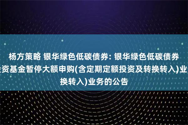 杨方策略 银华绿色低碳债券: 银华绿色低碳债券型证券投资基金暂停大额申购(含定期定额投资及转换转入)业务的公告